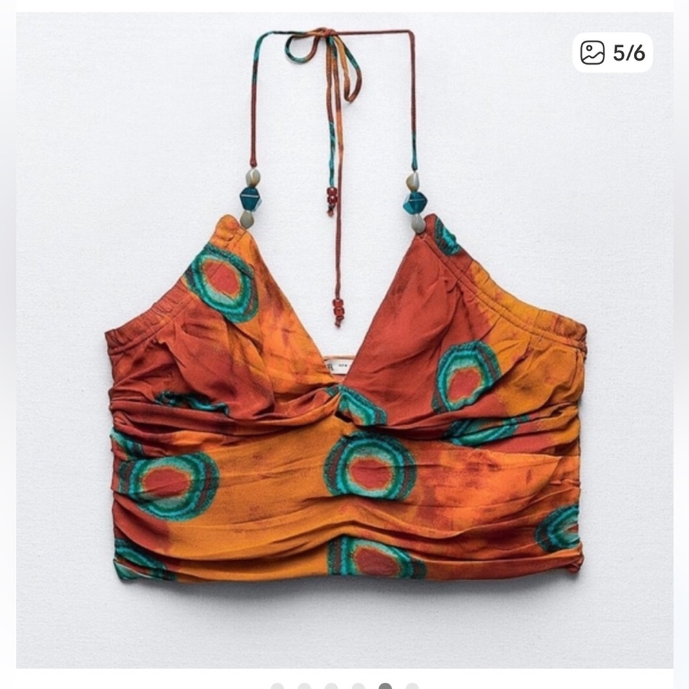 Zara Beaded Tie Back Printed Halter Crop Top Size Medium